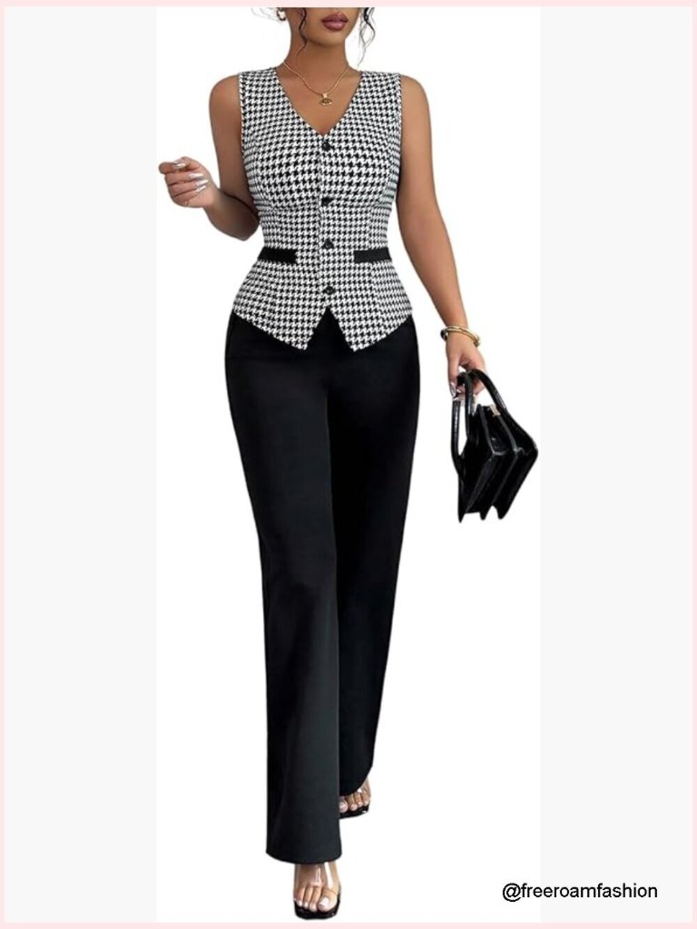 2 Piece Plaid Houndstooth Vest & Pants Set S M L